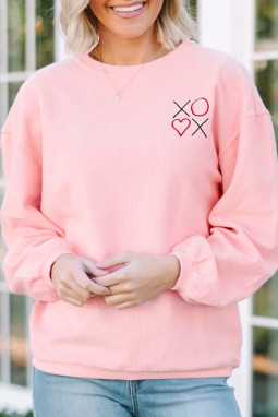 粉色 3d 罗纹 XOXO 心形刺绣落肩套头衫