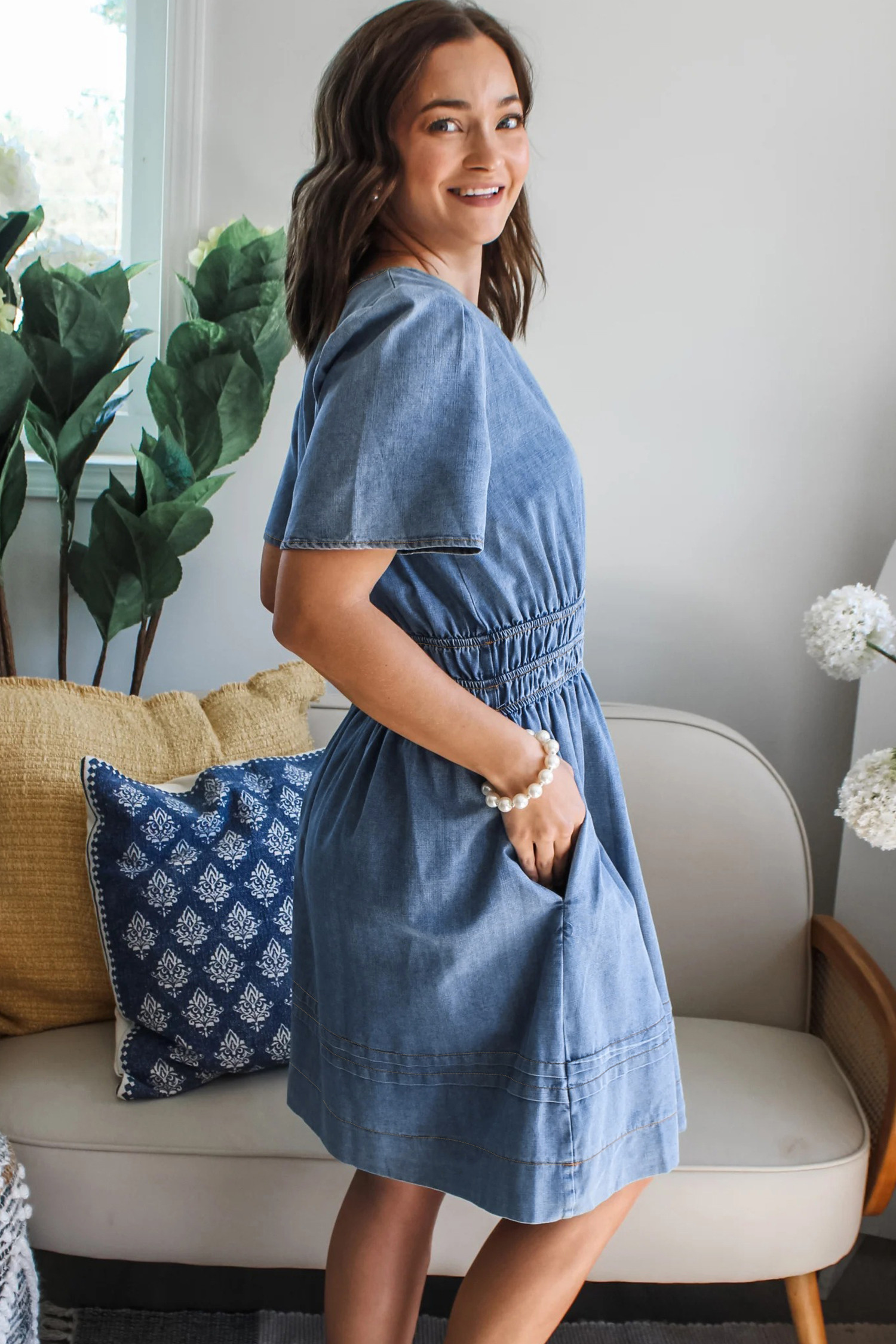 Myosotis 弹力腰短袖牛仔迷你连衣裙 LC7861161