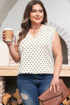 杏色大码波点印花蕾丝边 V 领无袖上衣