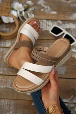 咖啡色镂空细节拼色系带防水台坡跟拖鞋