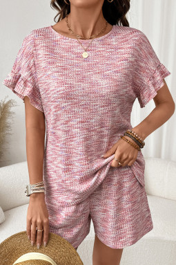 浅粉色石南花纹理荷叶边袖上衣和抽绳短裤套装