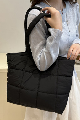 黑色纯色绗缝托特包