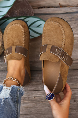 卡其色仿麂皮 PU 皮革拼接复古搭扣一脚蹬鞋