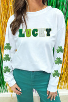 白色 LUCKY 雪尼尔字母亮片四叶草长袖上衣