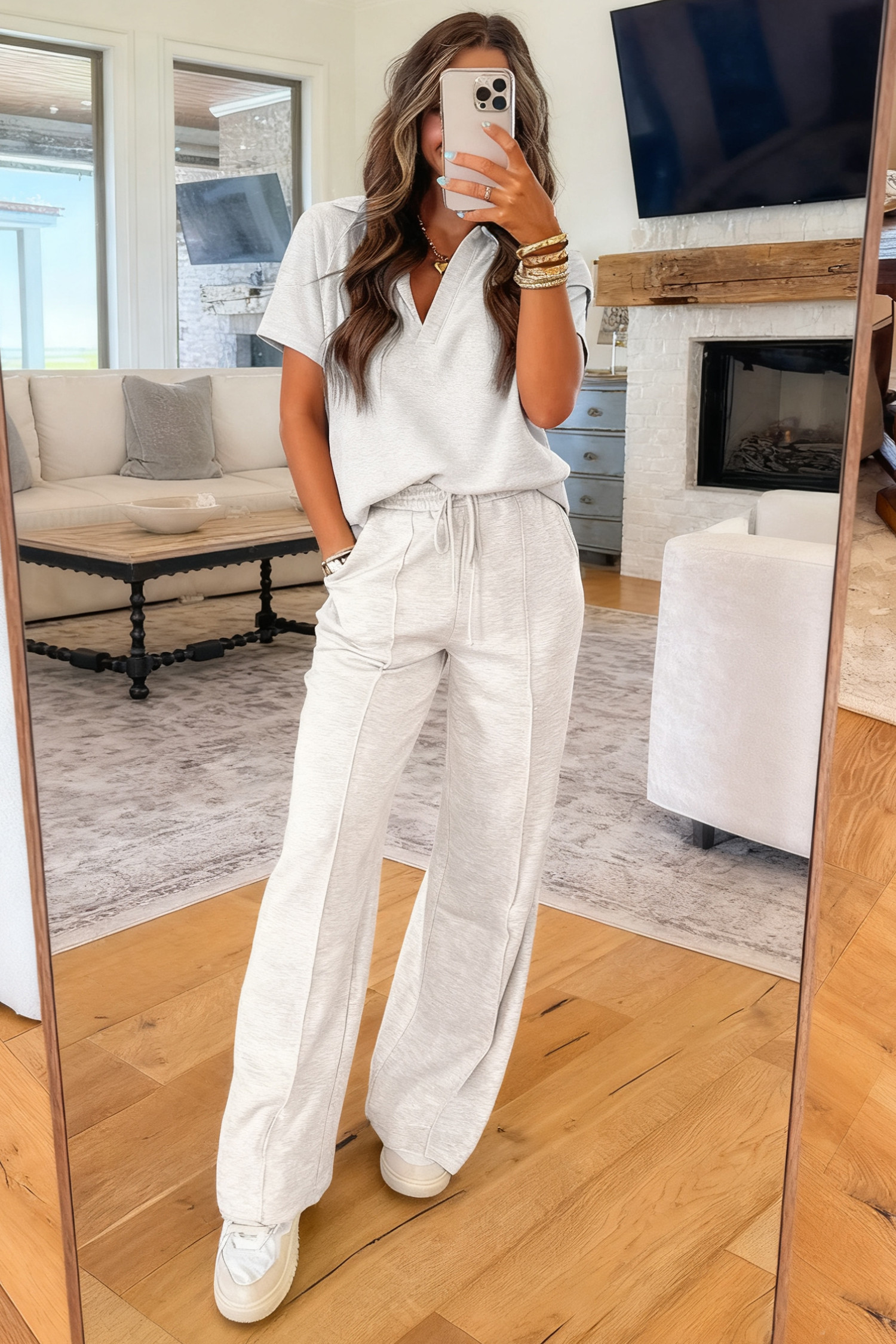 浅灰色 Polo T 恤休闲裤套装 LC628301