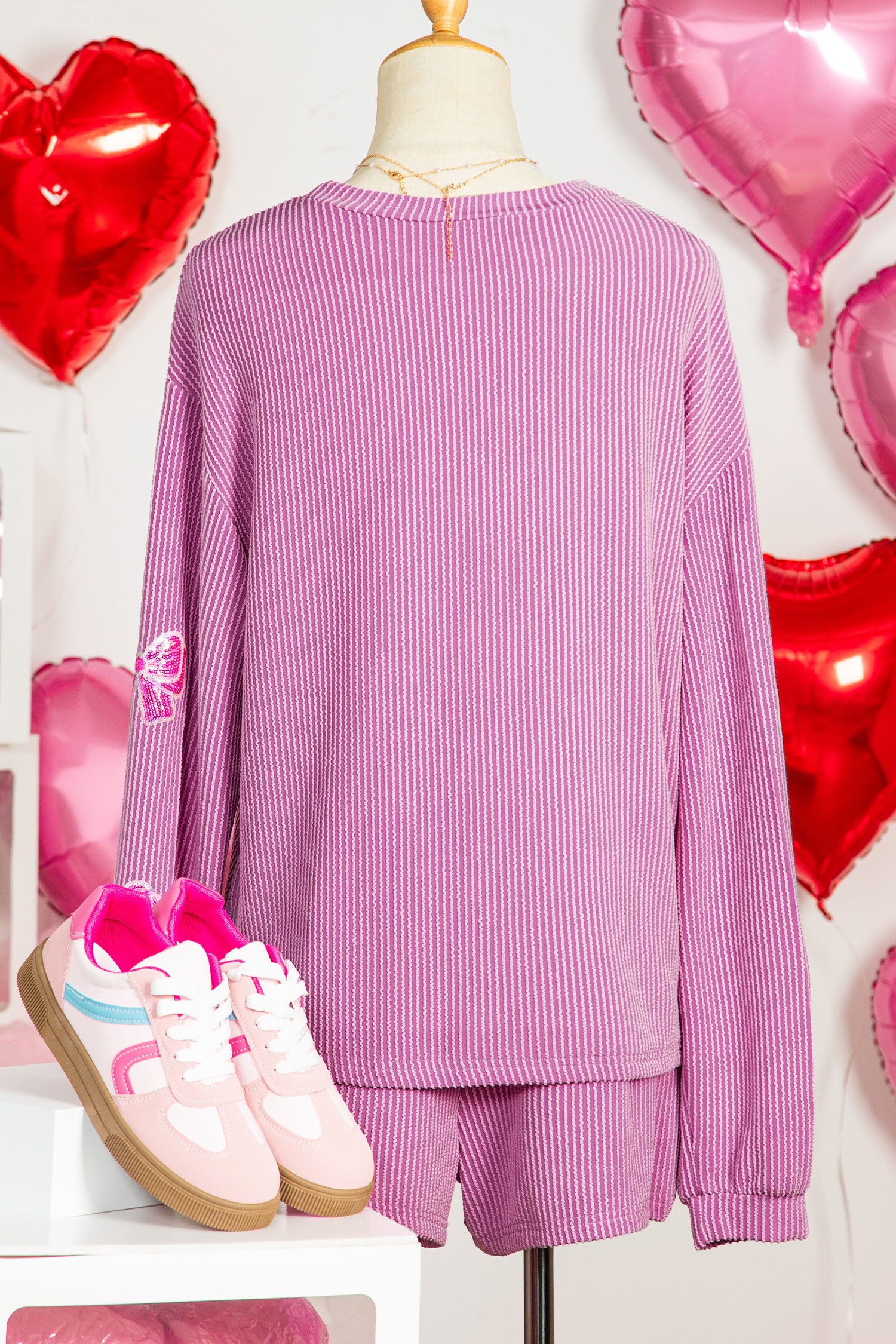 蝴蝶兰绳索罗纹亮片蝴蝶结贴片长袖上衣和短裤 2 件套 LC628892