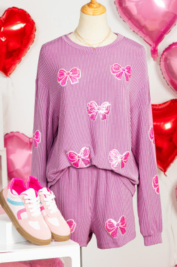 蝴蝶兰绳索罗纹亮片蝴蝶结贴片长袖上衣和短裤 2 件套