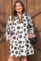 卡其色豹纹撞色 V 领大码直筒迷你连衣裙