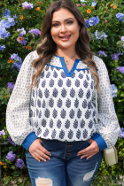 白色大码波西米亚风花卉印花撞色饰边开叉领泡泡袖拼布衬衫