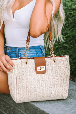 咖啡色 PU 皮革链条手柄编织纹理针织托特包