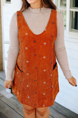 金色火焰花朵刺绣灯芯绒背带式迷你连衣裙