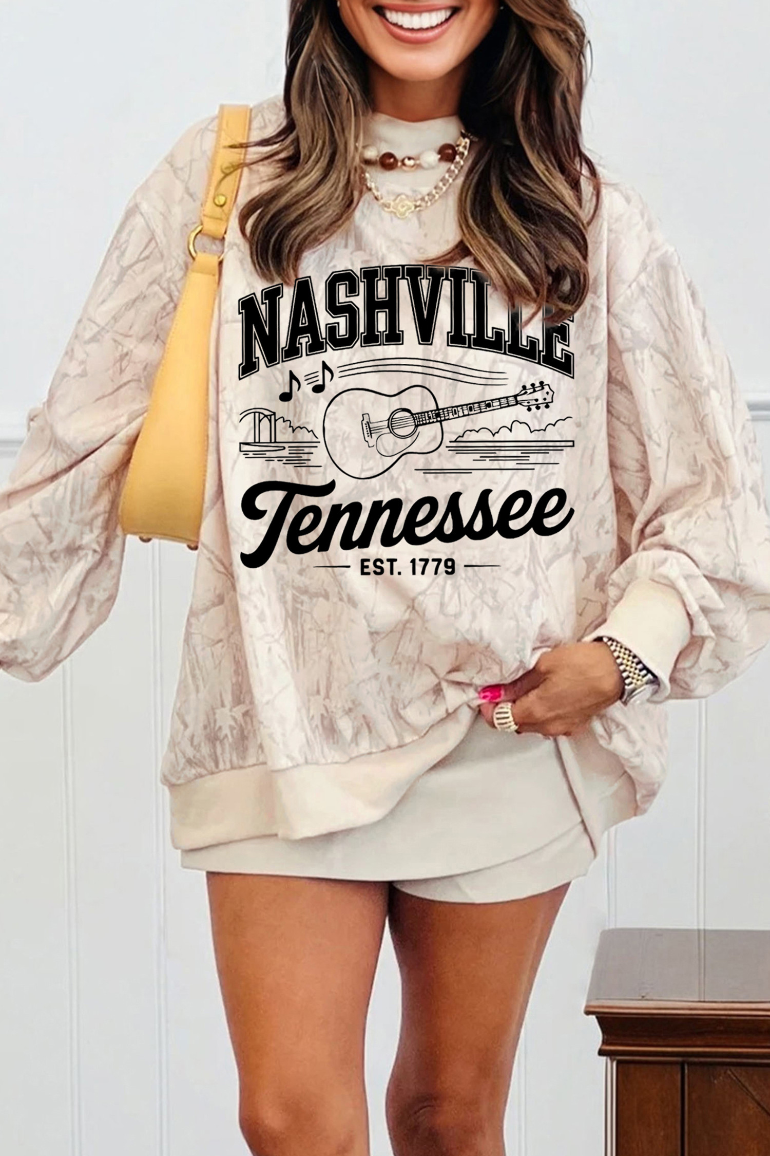 卡其色 Vintage Nashville Tennessee 扎染宽松套头衫 LC628283