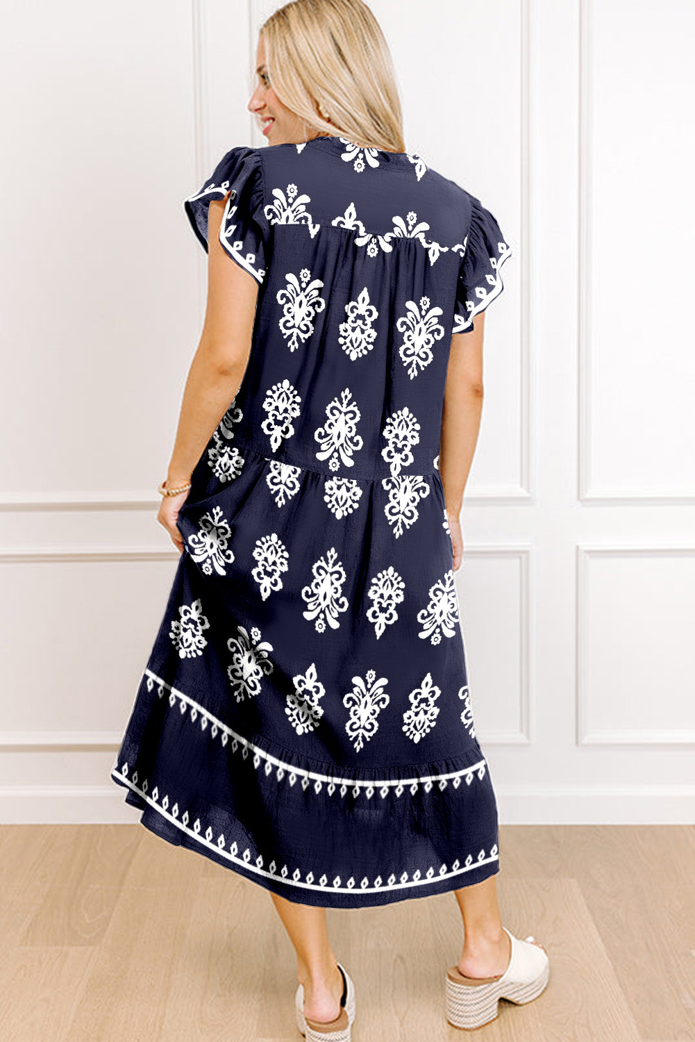 蓝色西部民族印花缺角短袖中长连衣裙 LC6127217