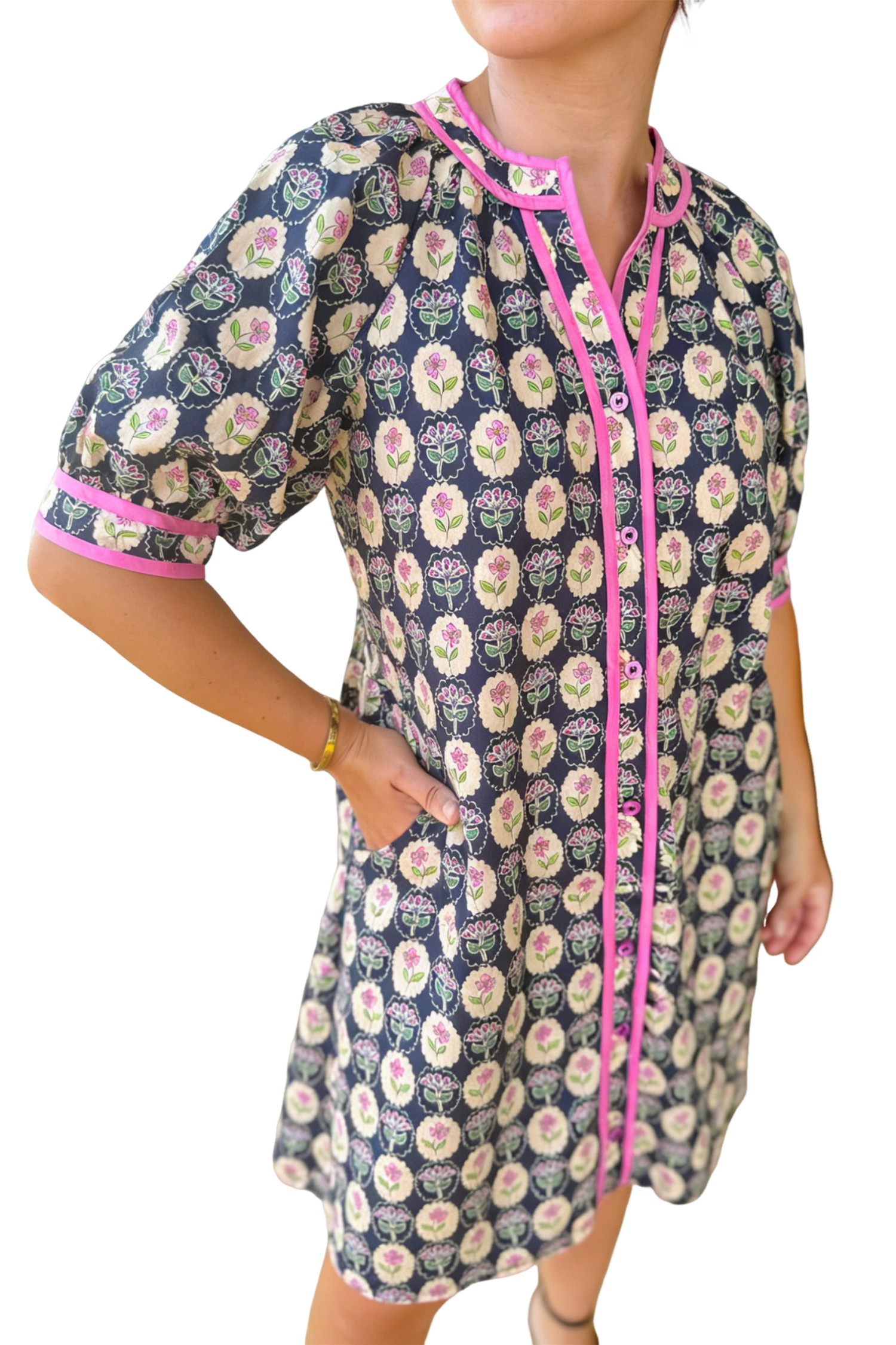 蓝色条纹饰边短袖复古碎花直筒连衣裙 LC6127983