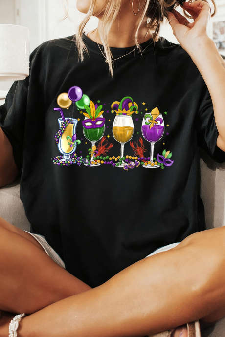黑色 Cheerful Mardi Gras Drinks 小龙虾印花 T 恤 LC25230545-2