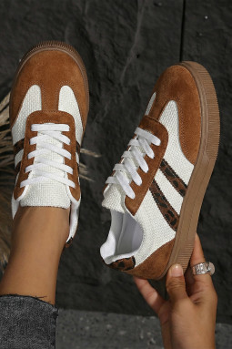 咖啡色纹理梭织 PU 皮革豹纹拼接平底运动鞋