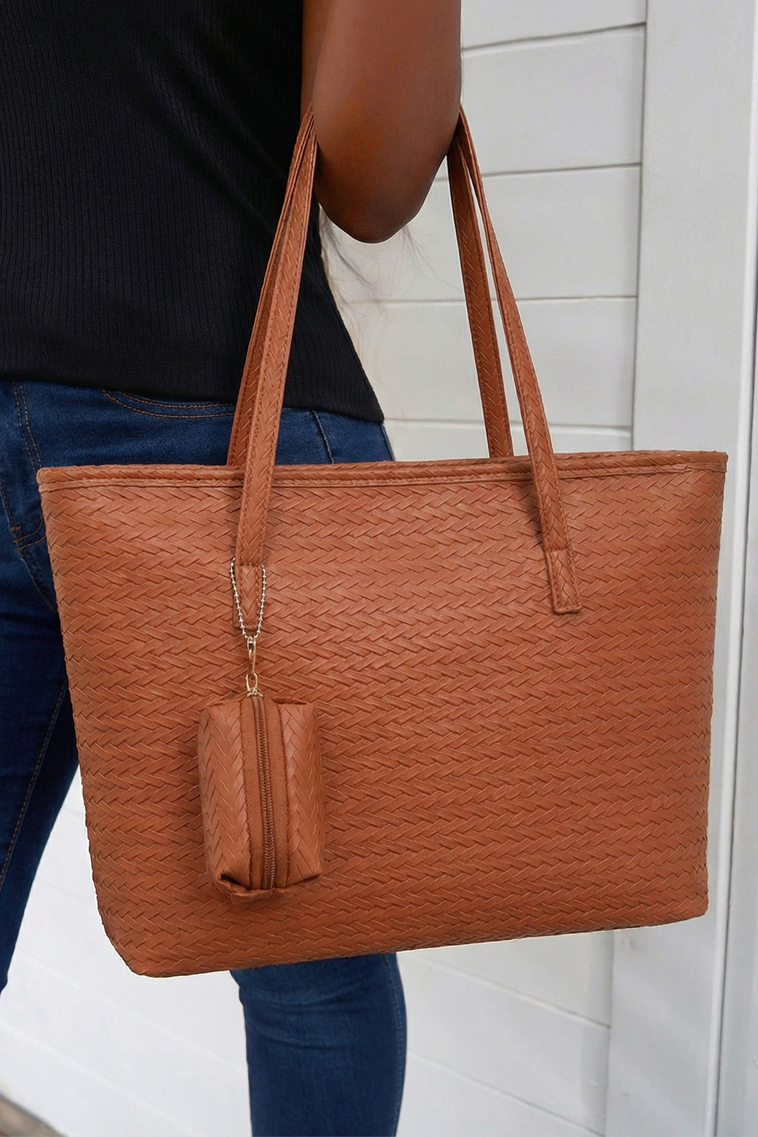 肉桂色人造革编织手提包，带可拆卸小袋 BH031545