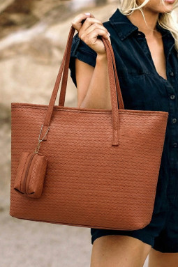 肉桂色人造革编织手提包，带可拆卸小袋