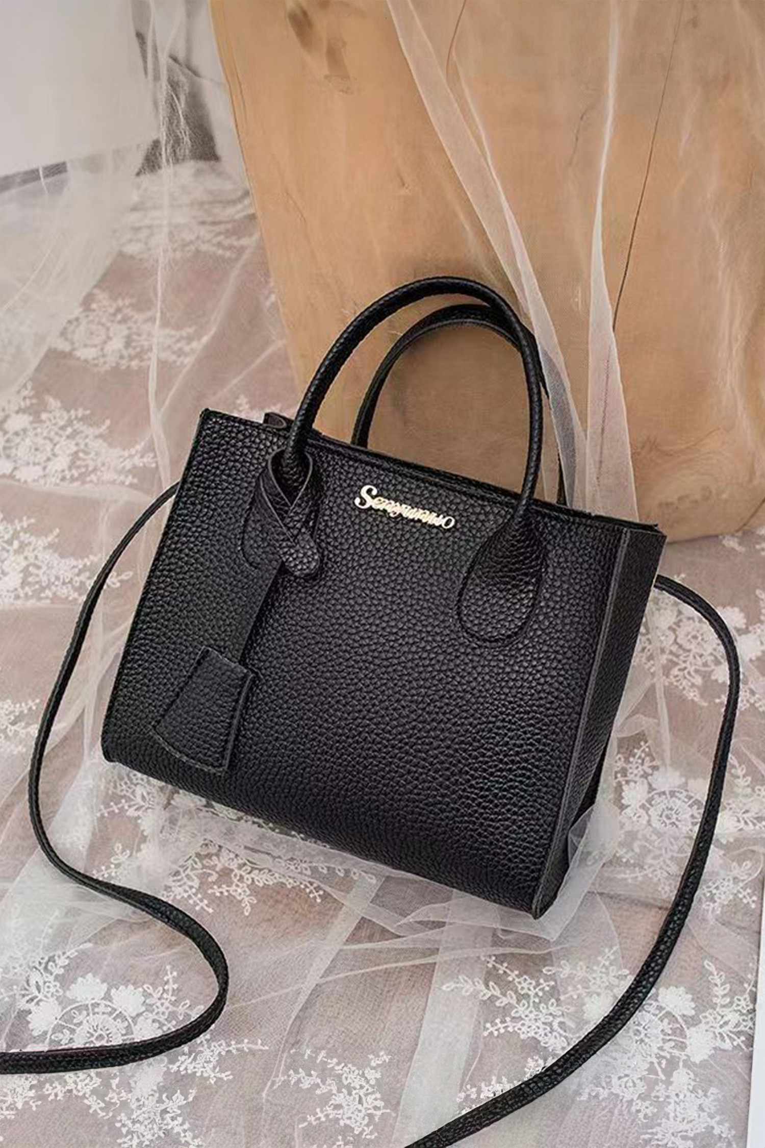 颜色 黑色 简约 PU 皮革手柄单肩包 BH031580