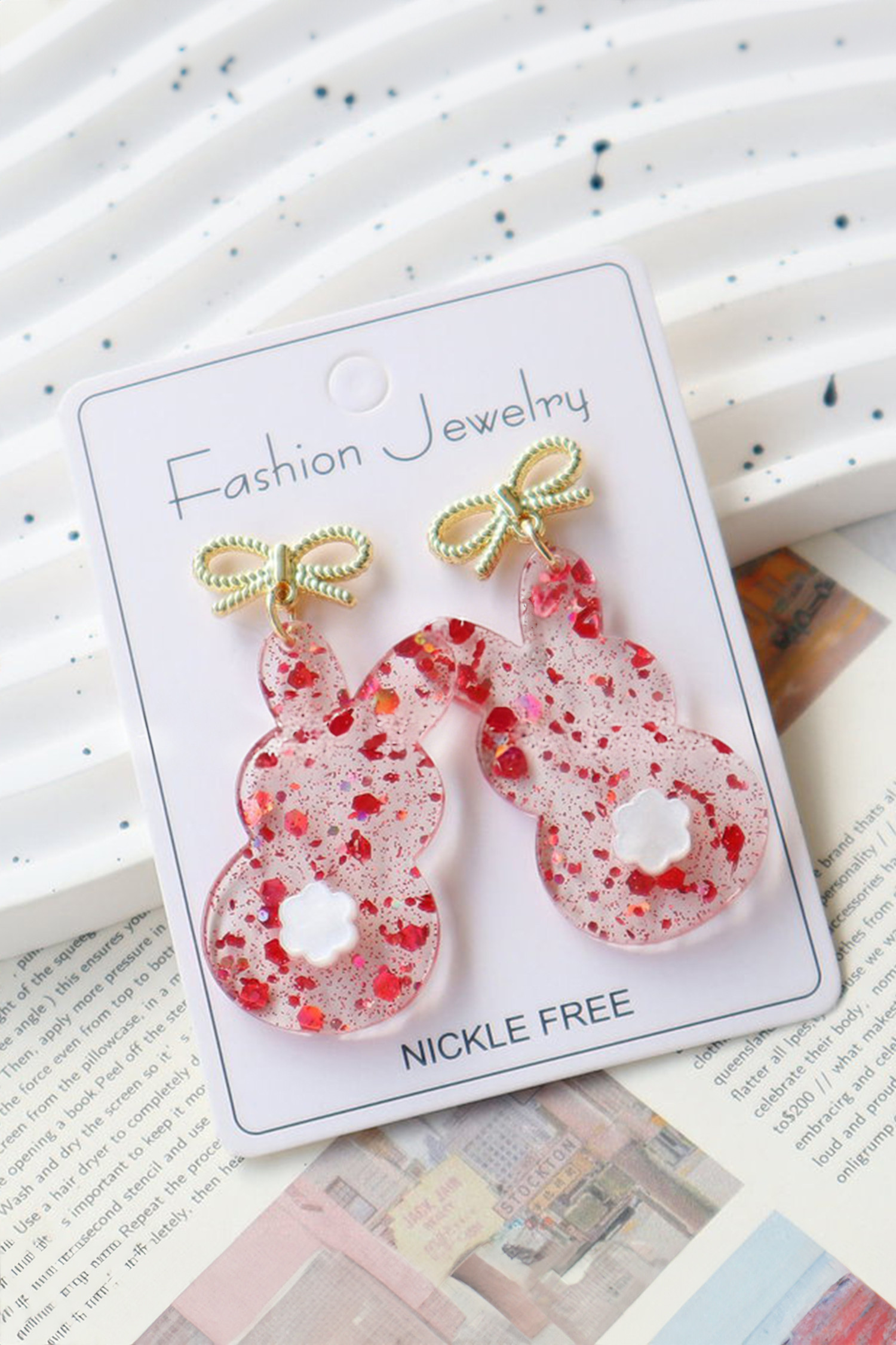 火红透明复活节兔子蝴蝶结镶钉耳环 BH014837