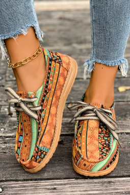 芥末黄民族艺术印花系带细节舒适乐福鞋