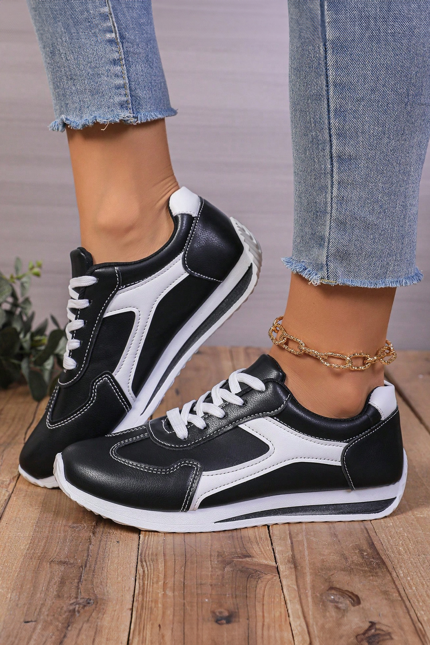 黑色 Gym 时尚拼色 PU 皮革运动鞋 BH024158