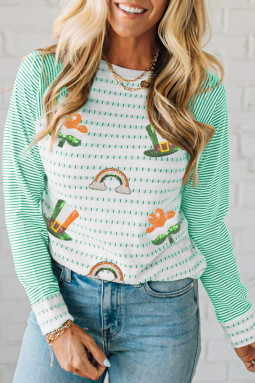 绿色条纹撞色插肩袖亮片圣帕特里克元素上衣