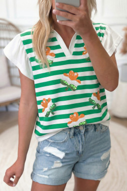 绿色条纹圣帕特里克节亮片活力三叶草贴片飘袖上衣