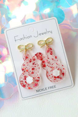 火红透明复活节兔子蝴蝶结镶钉耳环