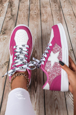 玫红色时尚拼色闪粉星星拼布系带平底鞋