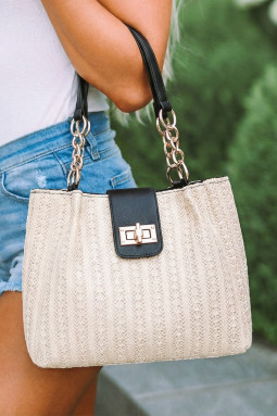 黑色 PU 皮革链条手柄编织纹理针织托特包