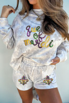 米色枫木林地印花狂欢节女王亮片补丁 2 件套短套装