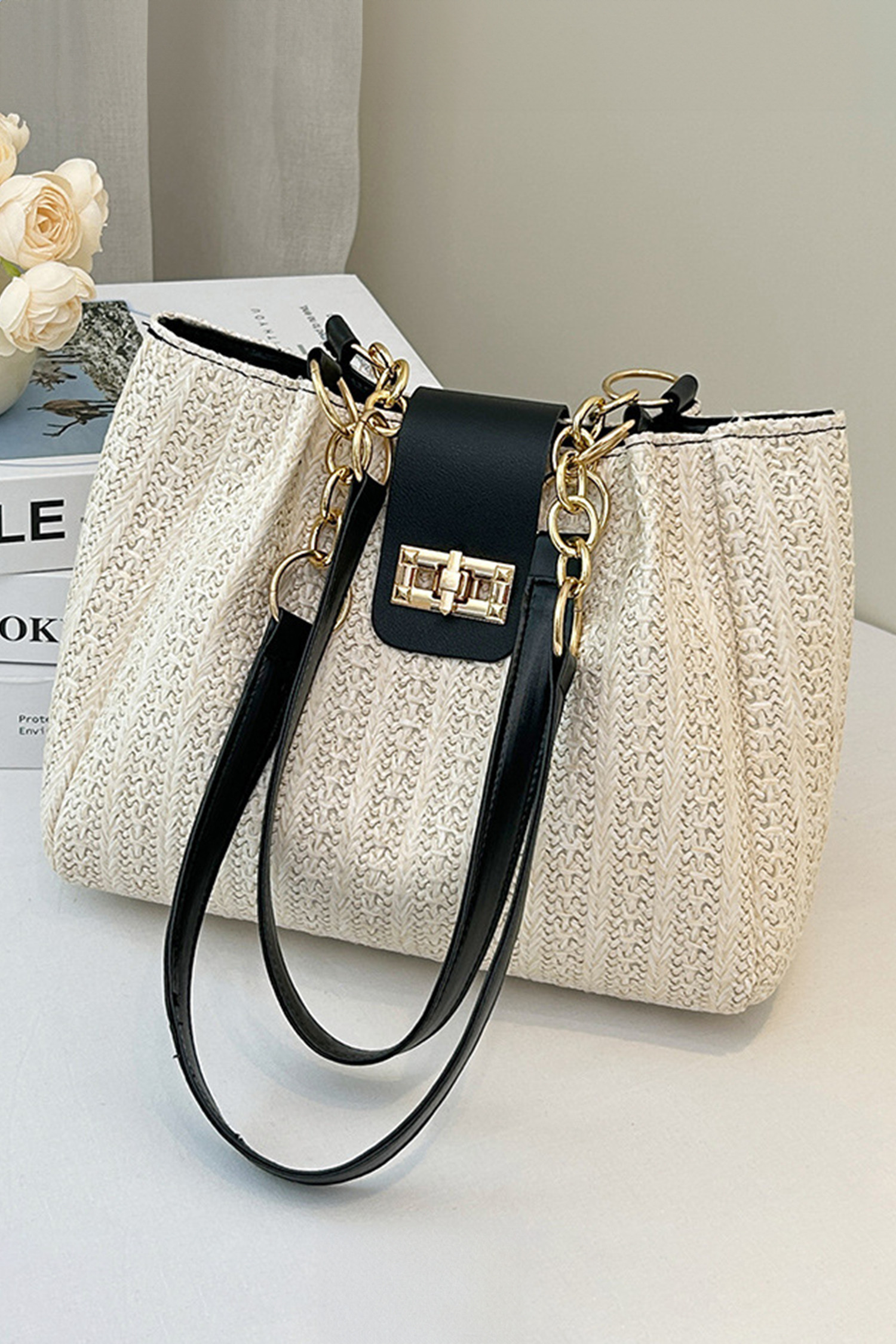 黑色 PU 皮革链条手柄编织纹理针织托特包 BH031544