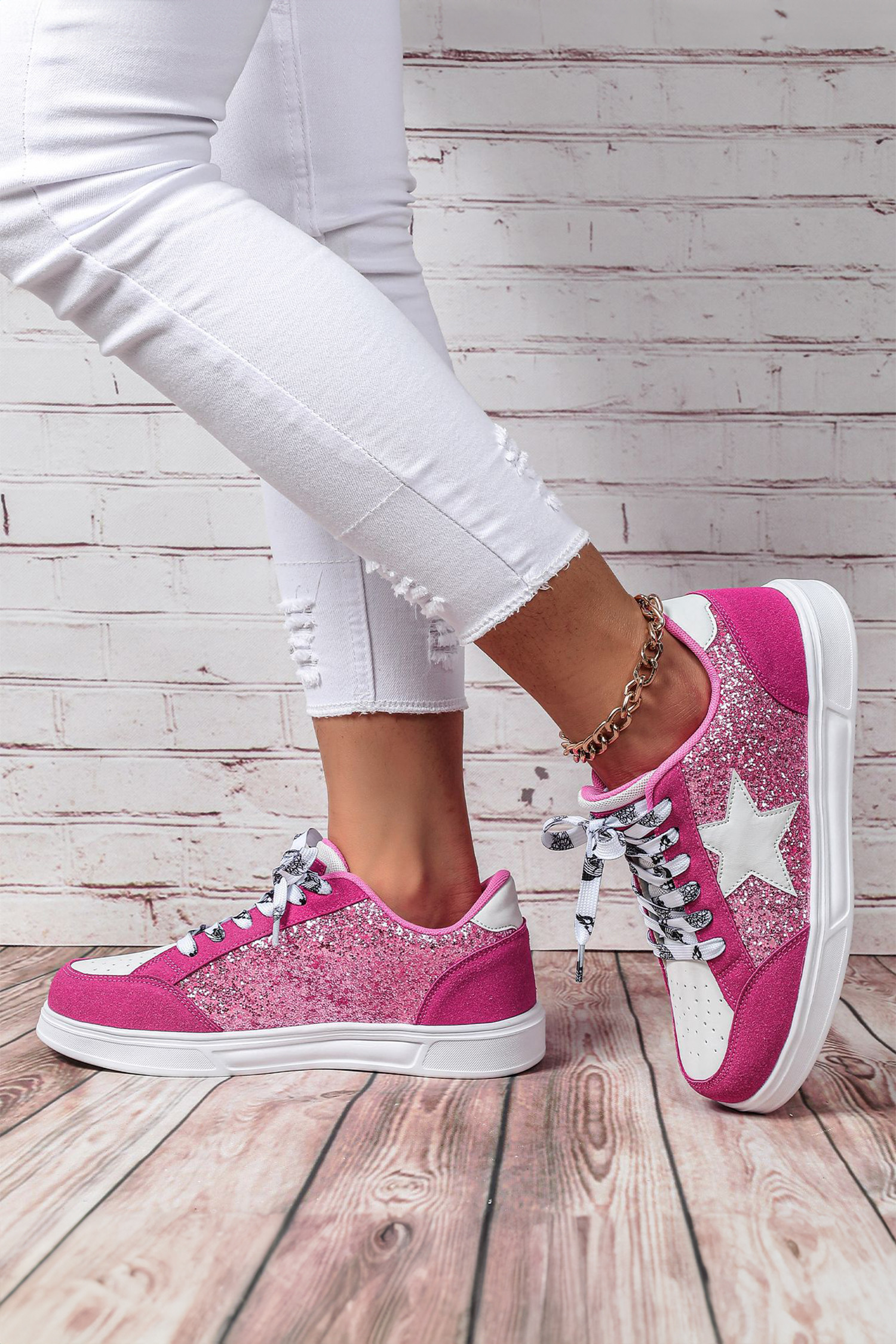 玫红色时尚拼色闪粉星星拼布系带平底鞋 BH024138