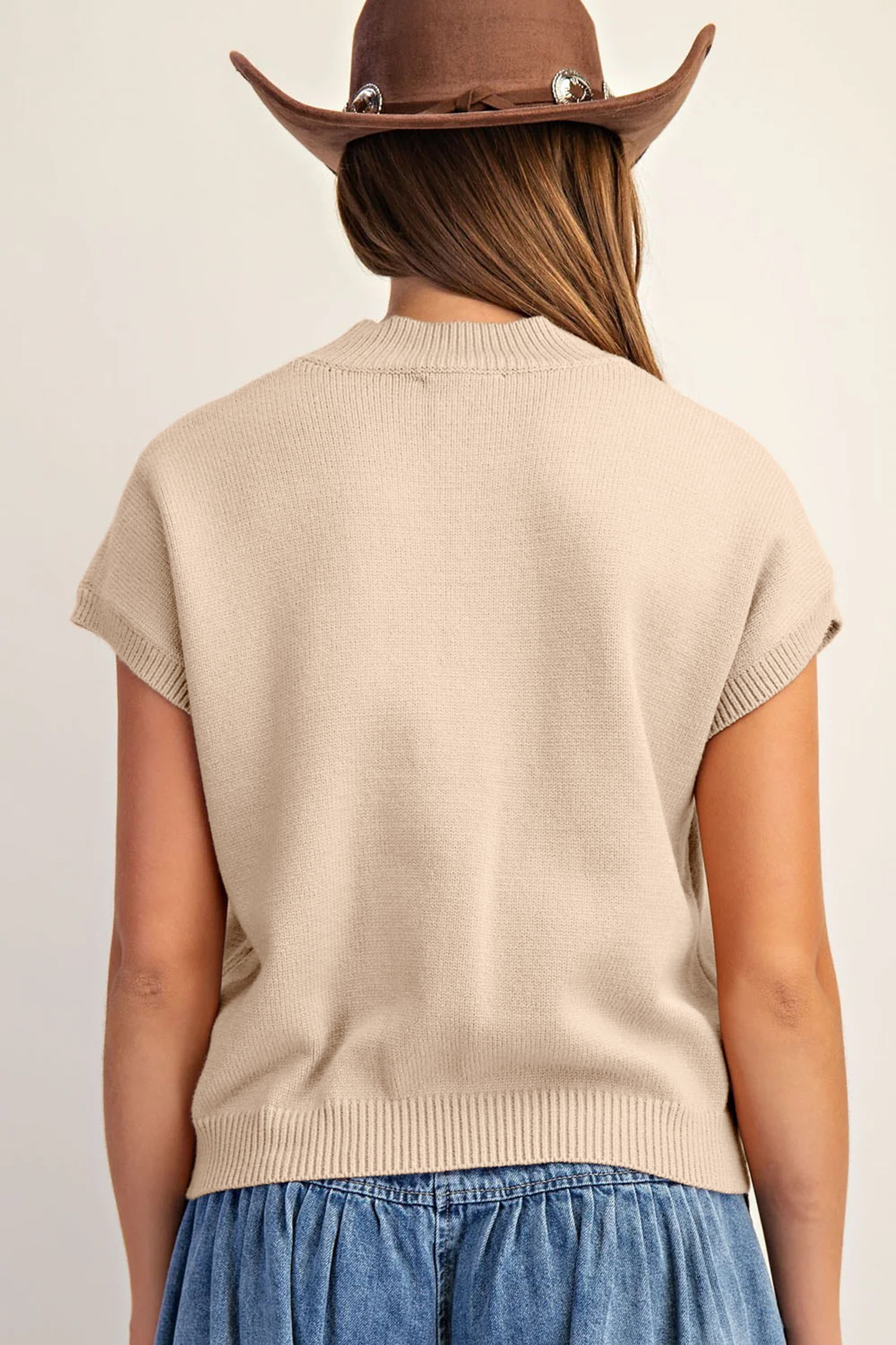 羊皮纸绳索马蹄形罗纹饰边小高领短袖毛衣 LC2771296