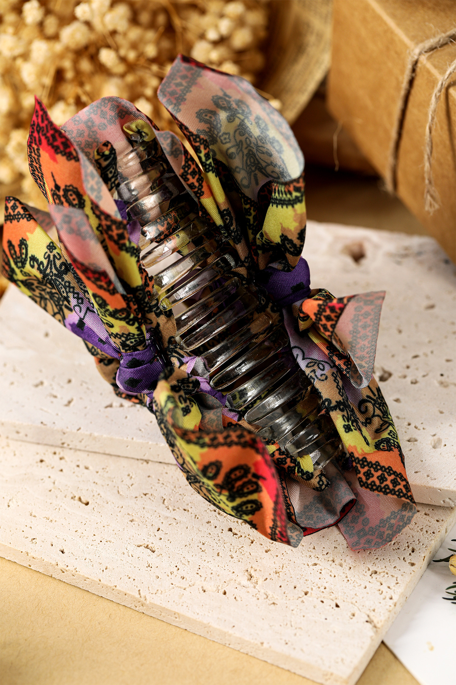 胡萝卜波西米亚花卉印花蝴蝶结发夹 BH043715