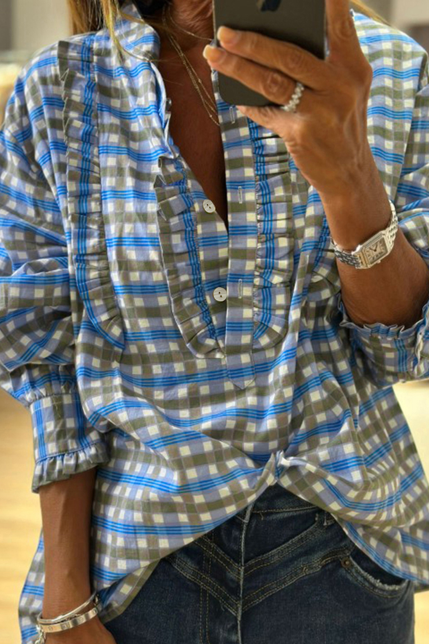 天蓝色格子长袖荷叶边细节半纽扣衬衫 LC25135034