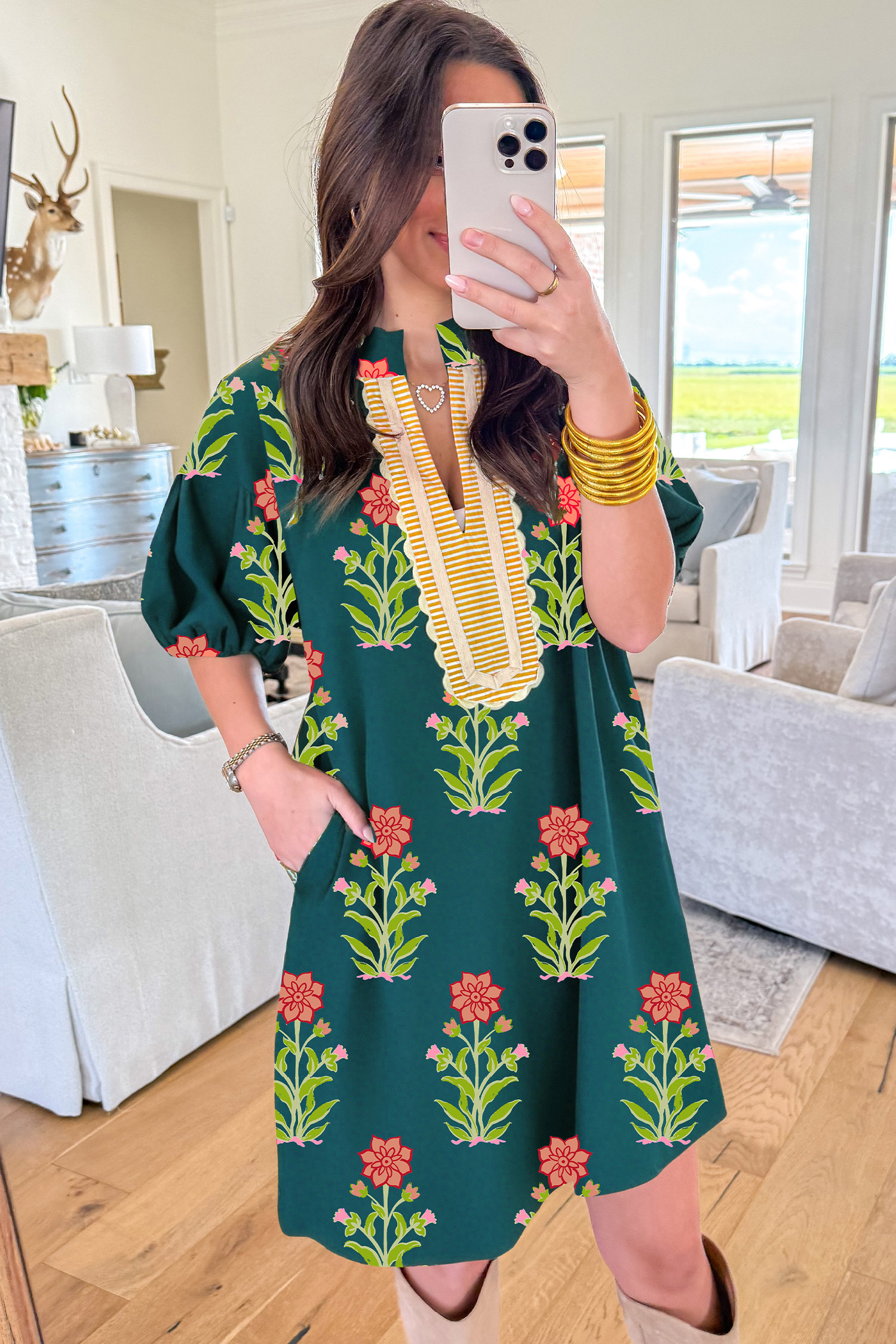 绿色花卉印花撞色条纹拼布短袖连衣裙 LC6127830