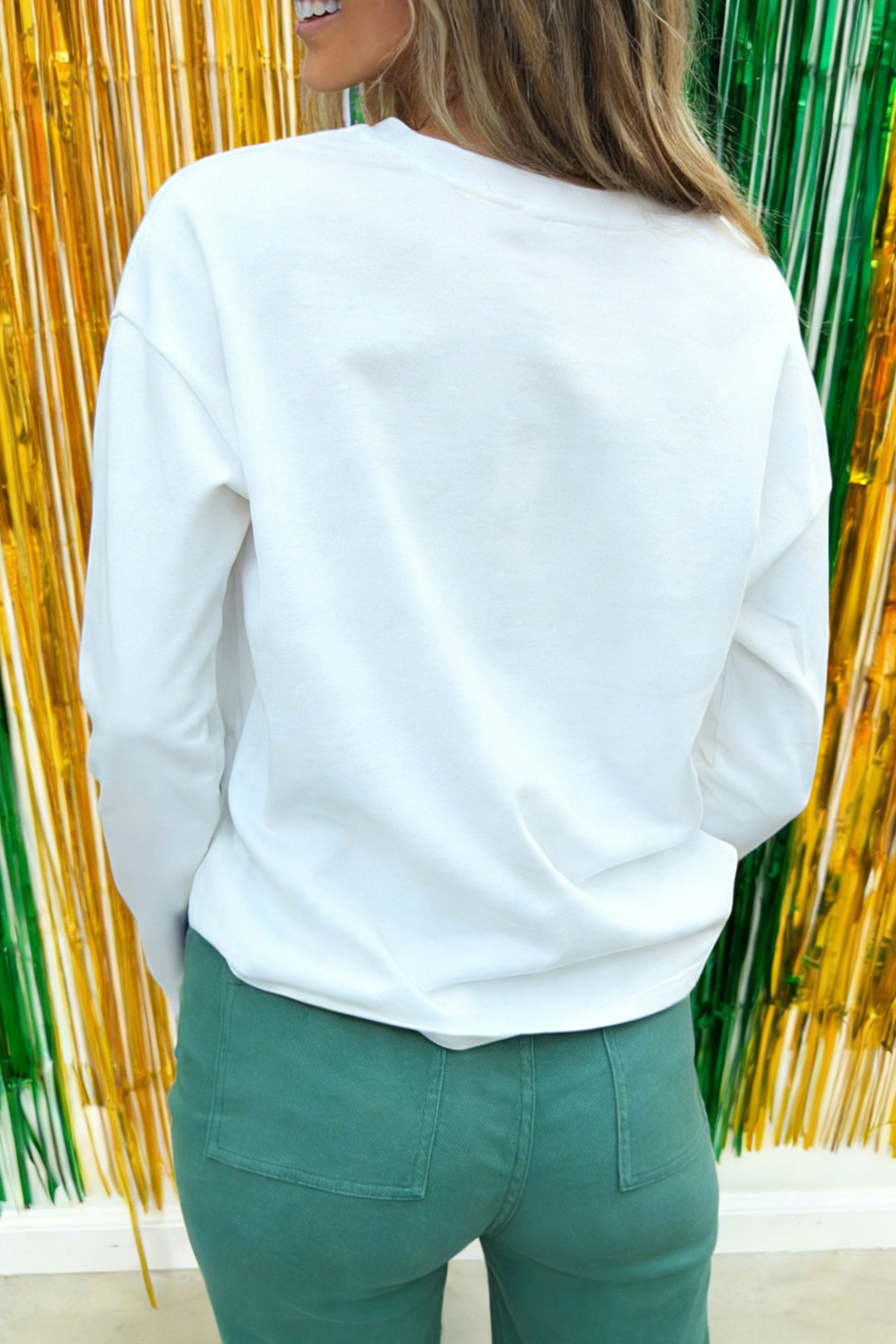 白色狂欢节节日元素亮片图案长袖 T 恤 LC25230952