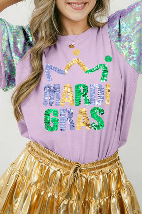 兰花花瓣亮片 MARDI GRAS 图案拼布 T 恤 LC25230422-P708