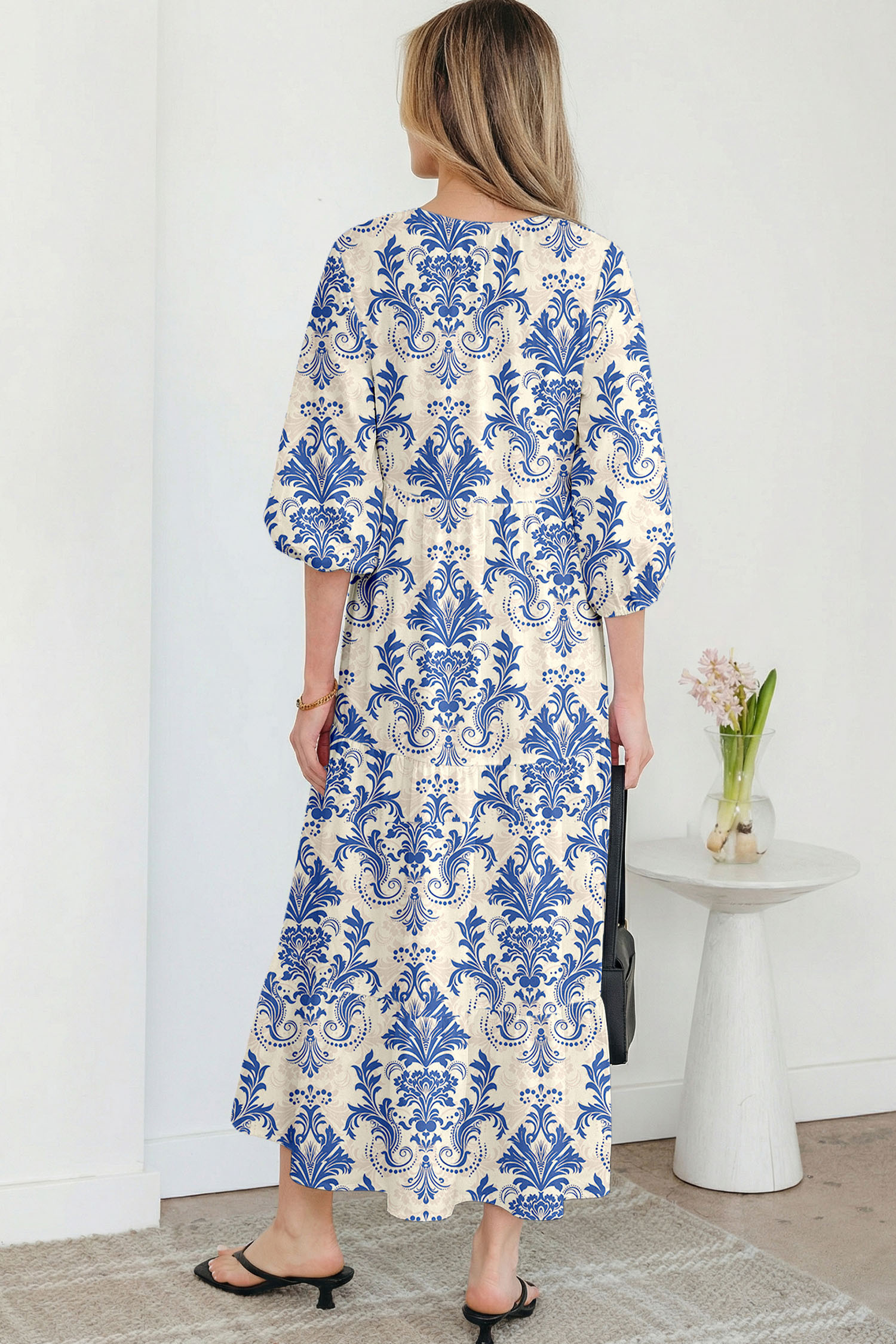 天蓝色波西米亚风印花半袖超长连衣裙 LC6119380