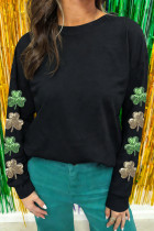 黑色亮片三叶草贴片长袖 T 恤