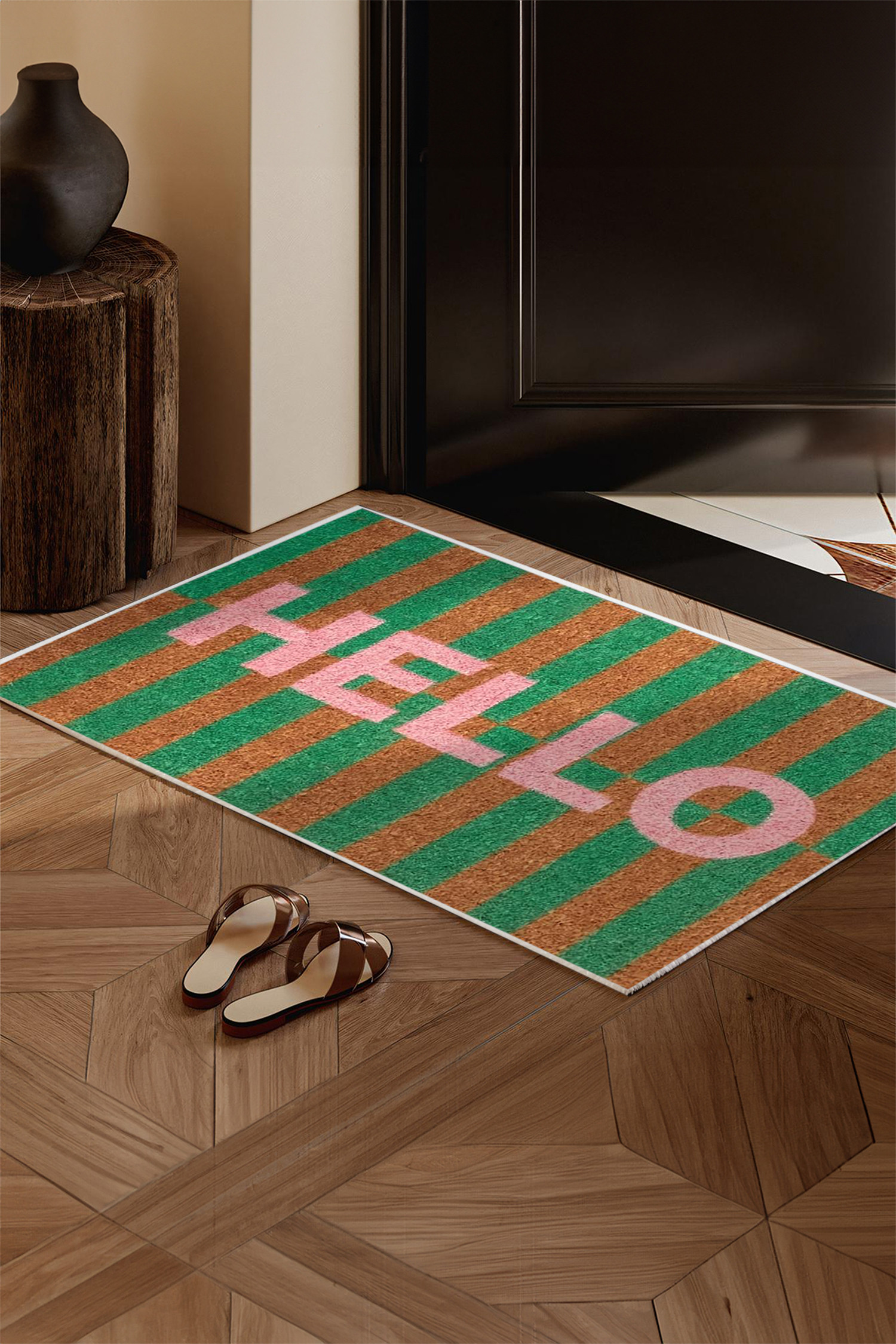 亮绿色条纹印花 HELLO 水晶天鹅绒门垫 BH052068