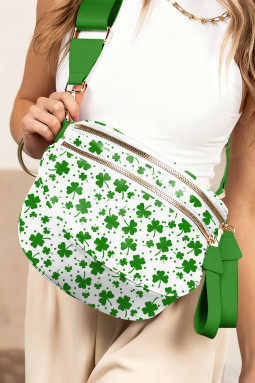 白色 St Patrick 幸运四叶草印花双拉链新月形斜挎包