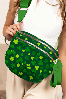 黑绿色圣帕特里克幸运四叶草印花双拉链月牙斜挎包