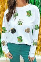 白色圣帕特里克节亮片元素贴片长袖 T 恤