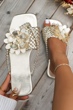 白色 PU 皮革花朵编织拖鞋