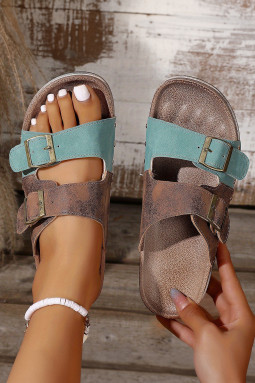 浅蓝色双色复古搭扣带镂空仿麂皮拖鞋