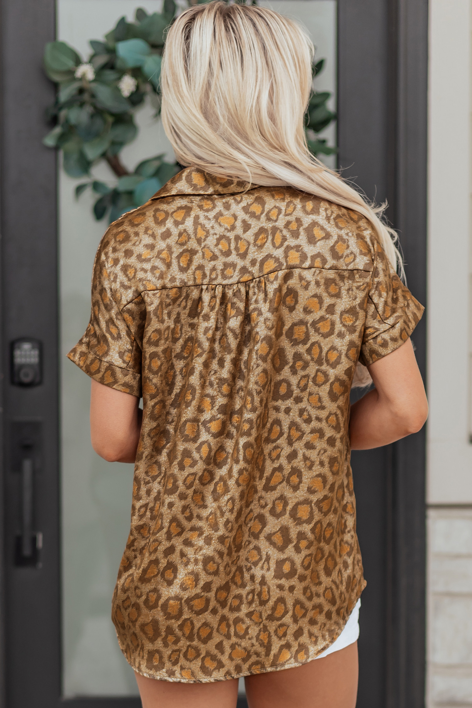 金色金属豹纹短袖休闲衬衫 LC2557093