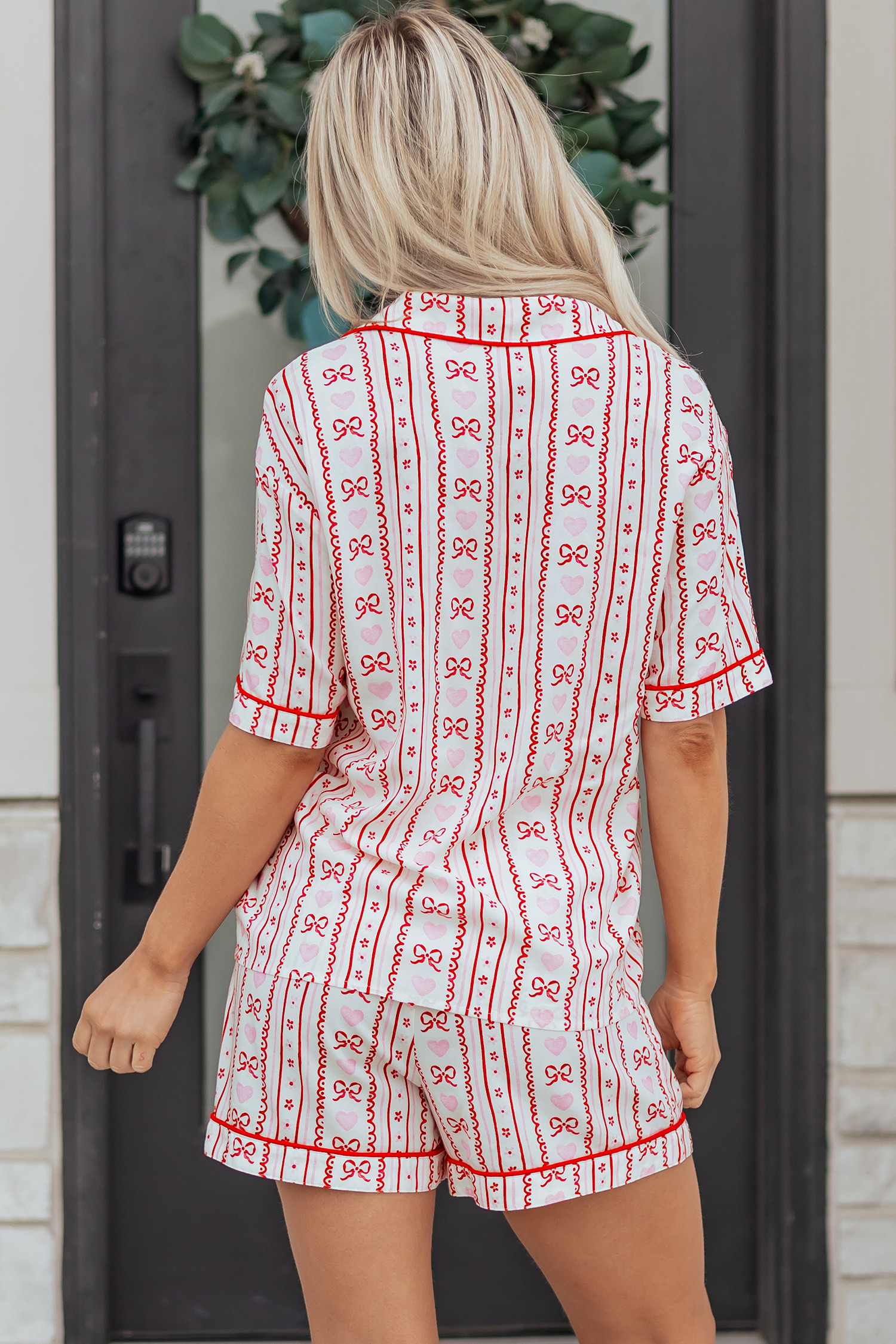 红色可爱蝴蝶结心形印花丝带装饰短款睡衣套装 2 件套 LC151855